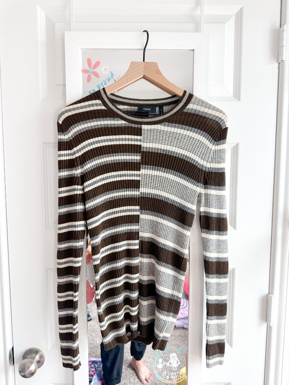 Theory Brown & Cream Asymmetrical Striped Ribbed Sweater Large